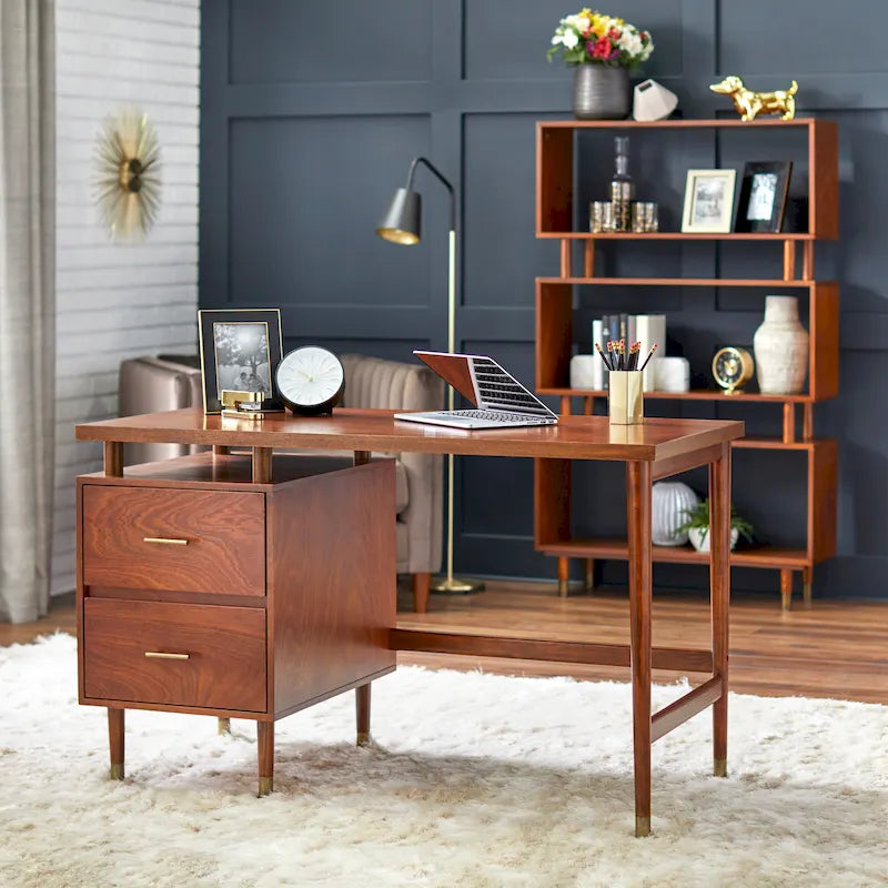 Bureau de style Mid-Century avec 2 tiroirs et pieds en pin massif – Noyer / Rose poudré / Blanc antique / Gris anthracite / Bleu antique, style Mid-Century, simple