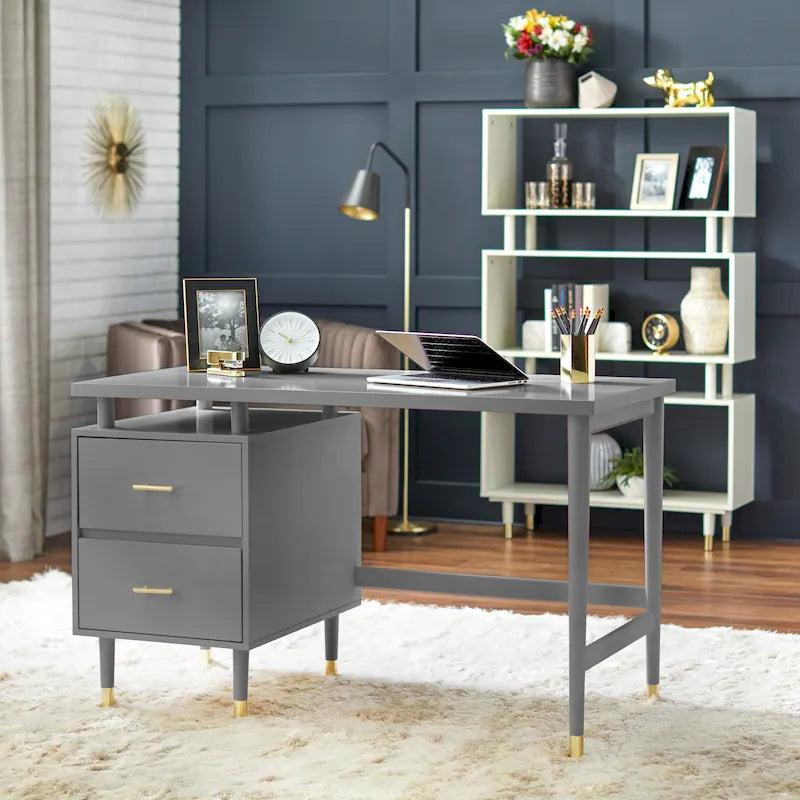Bureau de style Mid-Century avec 2 tiroirs et pieds en pin massif – Noyer / Rose poudré / Blanc antique / Gris anthracite / Bleu antique, style Mid-Century, simple