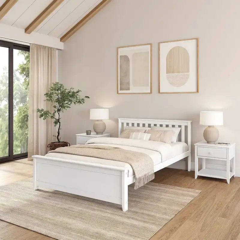 Lit plateforme Queen en pin massif – Blanc / Pacanier / Noyer, Style moderne, Simple