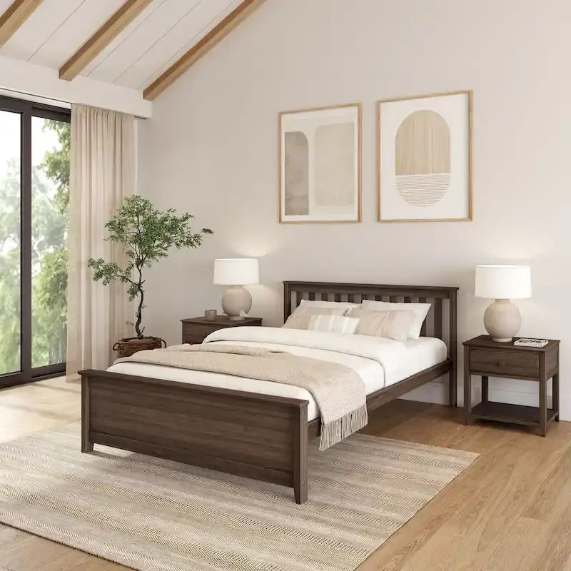 Lit plateforme Queen en pin massif – Blanc / Pacanier / Noyer, Style moderne, Simple