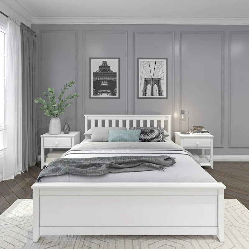 Lit plateforme Queen en pin massif – Blanc / Pacanier / Noyer, Style moderne, Simple