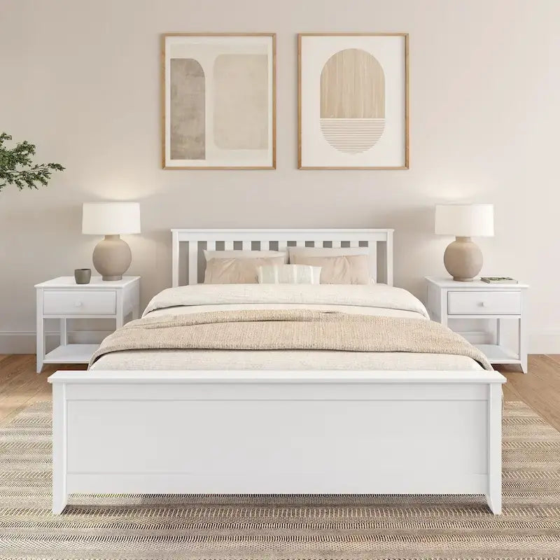 Lit plateforme Queen en pin massif – Blanc / Pacanier / Noyer, Style moderne, Simple