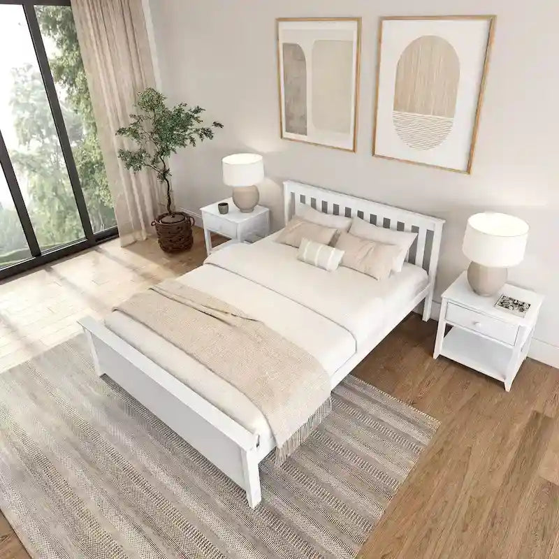 Lit plateforme Queen en pin massif – Blanc / Pacanier / Noyer, Style moderne, Simple