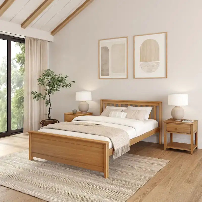 Lit plateforme Queen en pin massif – Blanc / Pacanier / Noyer, Style moderne, Simple