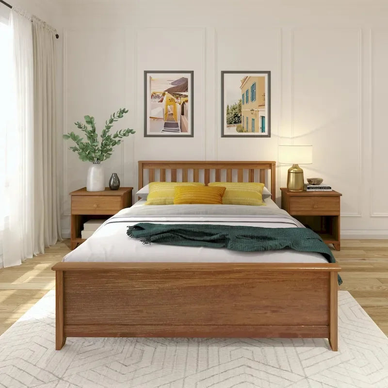 Lit plateforme Queen en pin massif – Blanc / Pacanier / Noyer, Style moderne, Simple