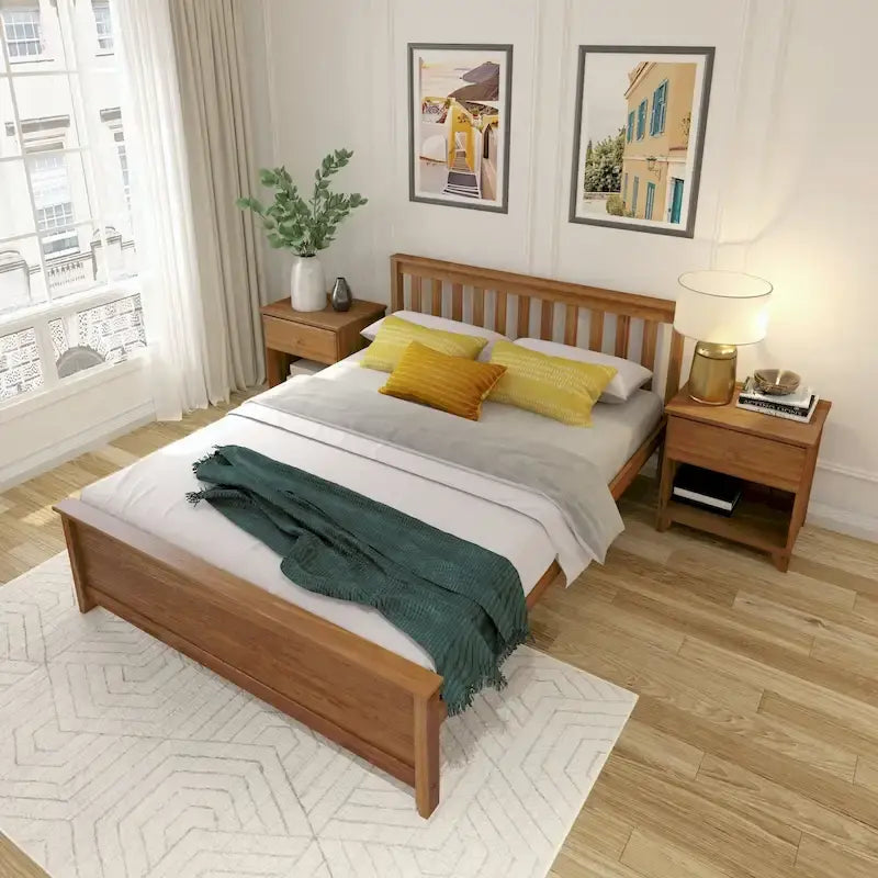 Lit plateforme Queen en pin massif – Blanc / Pacanier / Noyer, Style moderne, Simple