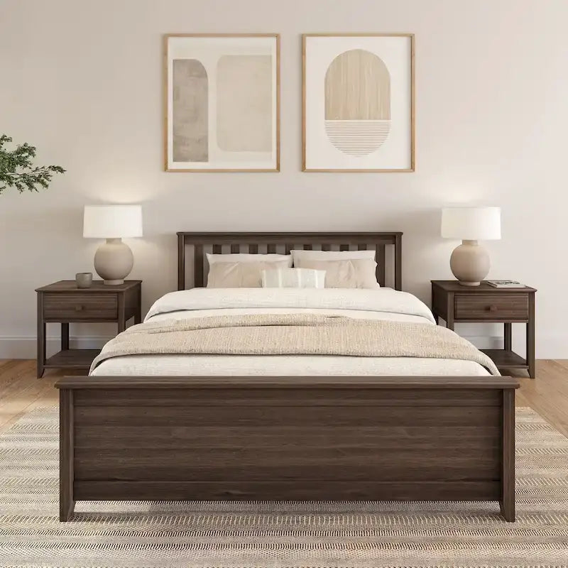 Lit plateforme Queen en pin massif – Blanc / Pacanier / Noyer, Style moderne, Simple