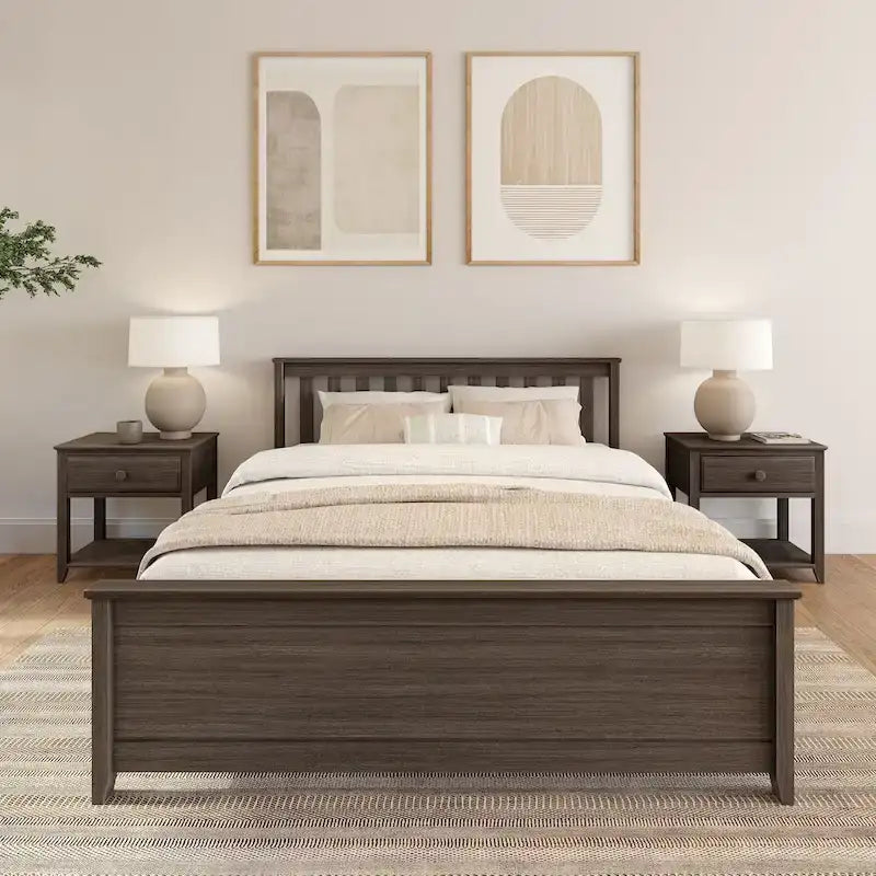 Lit plateforme Queen en pin massif – Blanc / Pacanier / Noyer, Style moderne, Simple