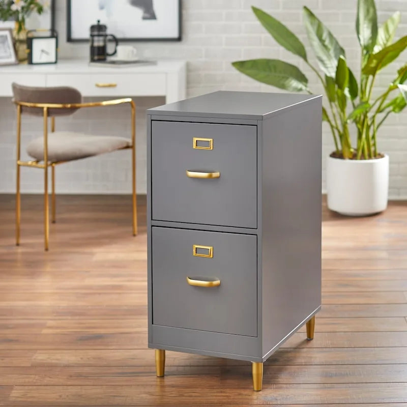 Classeur à 2 tiroirs avec pieds et poignées dorés – Blanc / Rose poudré / Gris anthracite / Noir / Bleu nuit / Vert, style moderne, simple