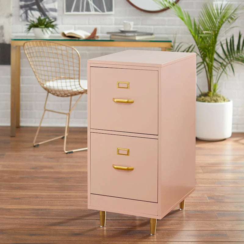 Classeur à 2 tiroirs avec pieds et poignées dorés – Blanc / Rose poudré / Gris anthracite / Noir / Bleu nuit / Vert, style moderne, simple