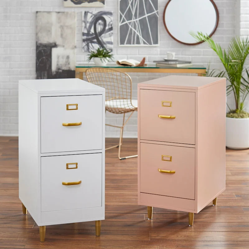 Classeur à 2 tiroirs avec pieds et poignées dorés – Blanc / Rose poudré / Gris anthracite / Noir / Bleu nuit / Vert, style moderne, simple