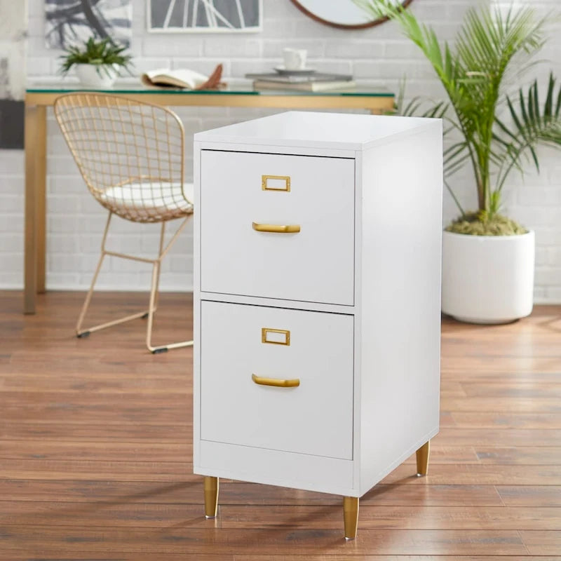 Classeur à 2 tiroirs avec pieds et poignées dorés – Blanc / Rose poudré / Gris anthracite / Noir / Bleu nuit / Vert, style moderne, simple