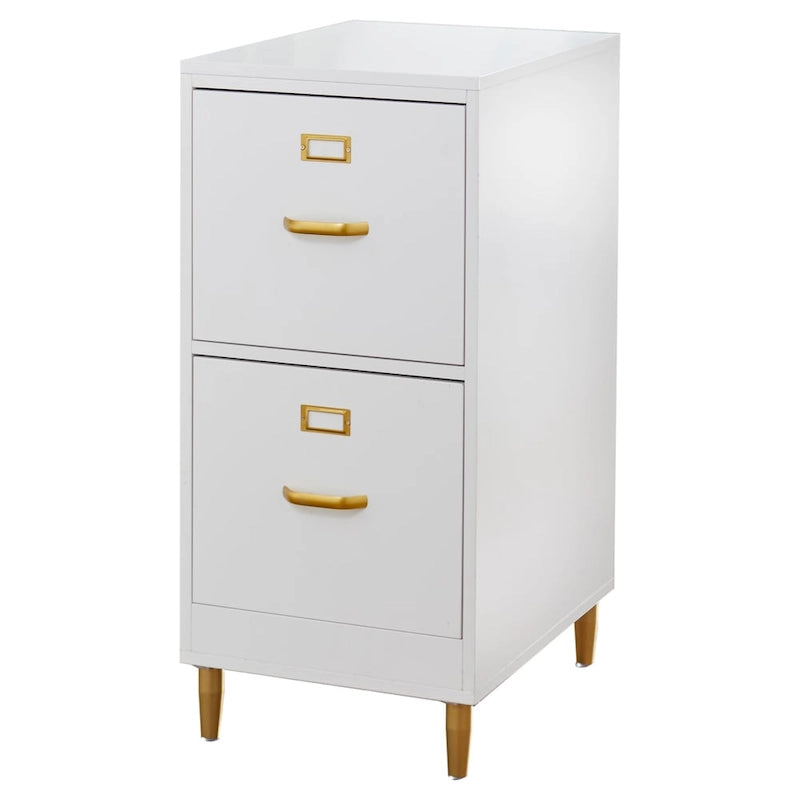 Classeur à 2 tiroirs avec pieds et poignées dorés – Blanc / Rose poudré / Gris anthracite / Noir / Bleu nuit / Vert, style moderne, simple