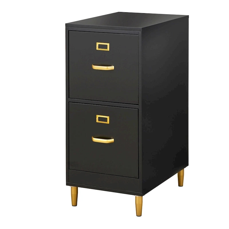 Classeur à 2 tiroirs avec pieds et poignées dorés – Blanc / Rose poudré / Gris anthracite / Noir / Bleu nuit / Vert, style moderne, simple