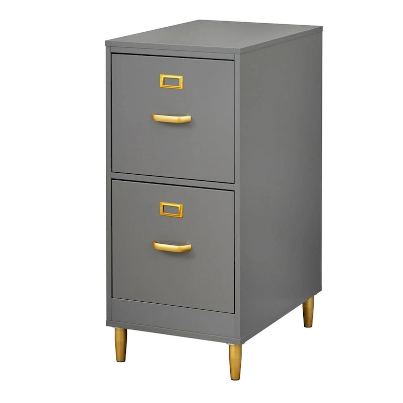 Classeur à 2 tiroirs avec pieds et poignées dorés – Blanc / Rose poudré / Gris anthracite / Noir / Bleu nuit / Vert, style moderne, simple