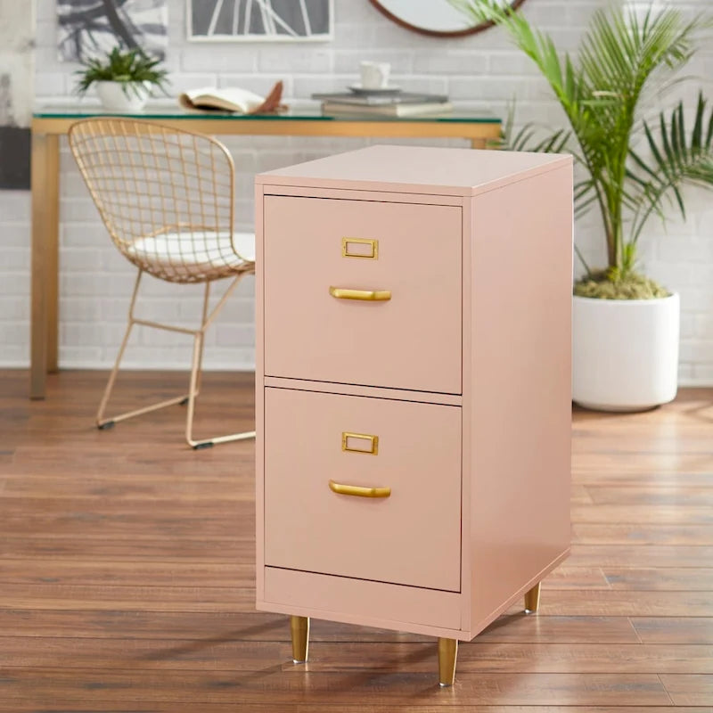 Classeur à 2 tiroirs avec pieds et poignées dorés – Blanc / Rose poudré / Gris anthracite / Noir / Bleu nuit / Vert, style moderne, simple