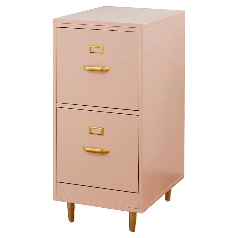 Classeur à 2 tiroirs avec pieds et poignées dorés – Blanc / Rose poudré / Gris anthracite / Noir / Bleu nuit / Vert, style moderne, simple