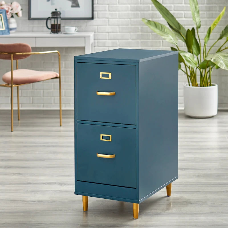 Classeur à 2 tiroirs avec pieds et poignées dorés – Blanc / Rose poudré / Gris anthracite / Noir / Bleu nuit / Vert, style moderne, simple