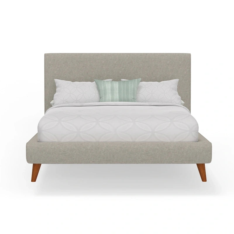 Lit plateforme rembourré en lin – Gris clair, style mi-siècle, simple