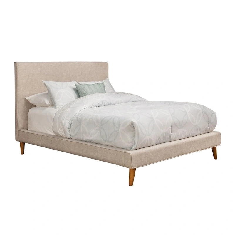 Lit plateforme rembourré en lin – Gris clair, style mi-siècle, simple