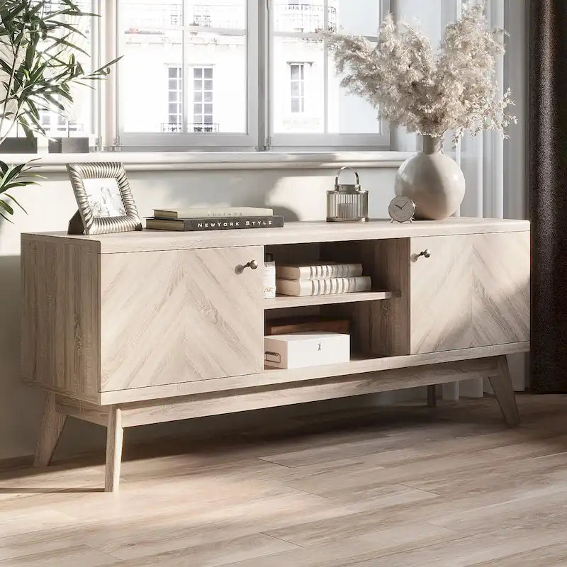 Meuble TV à chevrons avec deux portes d'armoire et pieds en bois – Beige/marron, style Mid-Century, unique