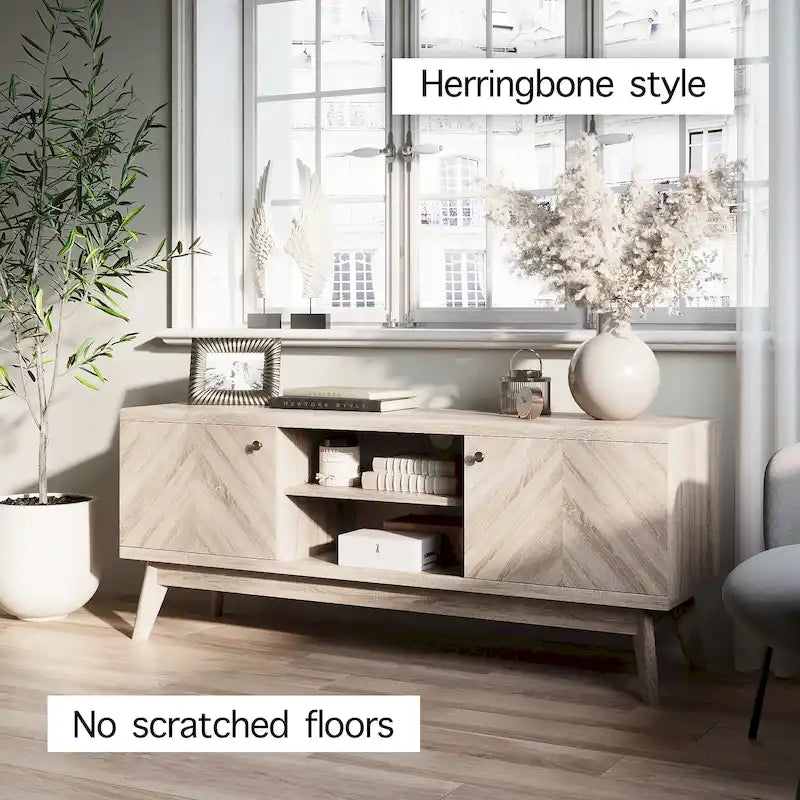 Meuble TV à chevrons avec deux portes d'armoire et pieds en bois – Beige/marron, style Mid-Century, unique