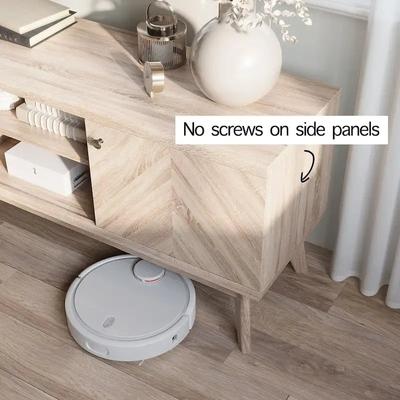 Meuble TV à chevrons avec deux portes d'armoire et pieds en bois – Beige/marron, style Mid-Century, unique