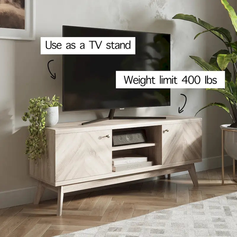 Meuble TV à chevrons avec deux portes d'armoire et pieds en bois – Beige/marron, style Mid-Century, unique