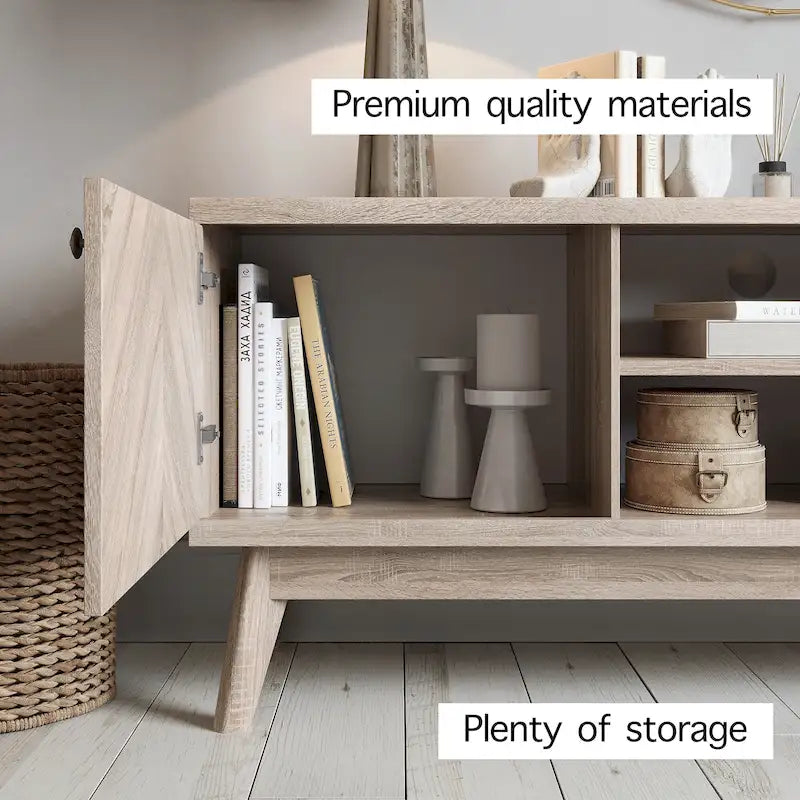 Meuble TV à chevrons avec deux portes d'armoire et pieds en bois – Beige/marron, style Mid-Century, unique