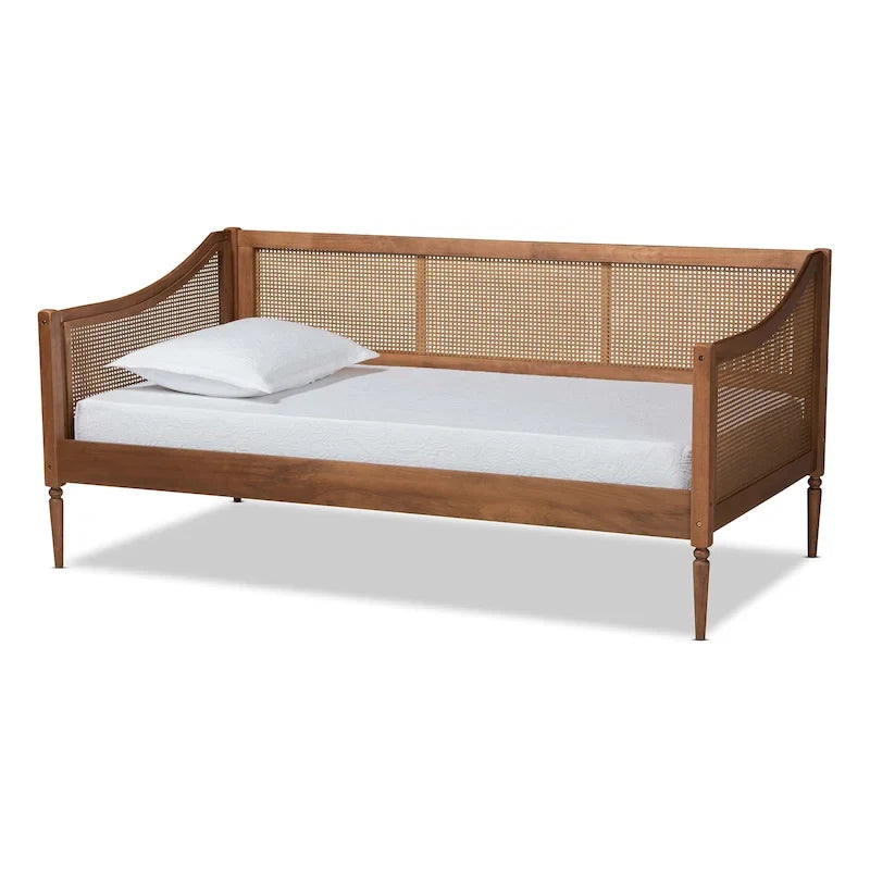 Lit de repos double en rotin synthétique – Noyer marron, style Mid-Century, simple