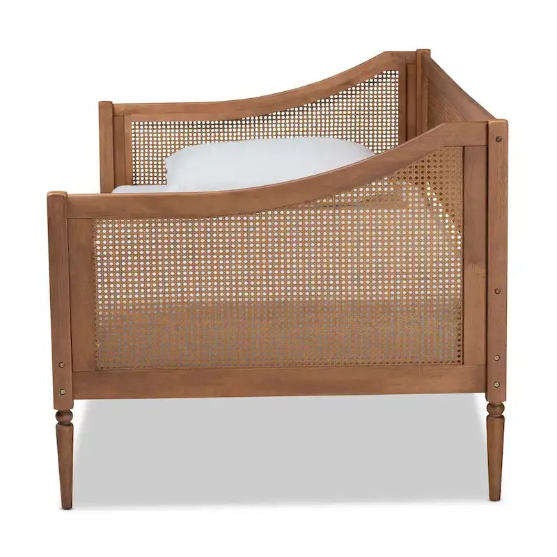 Lit de repos double en rotin synthétique – Noyer marron, style Mid-Century, simple