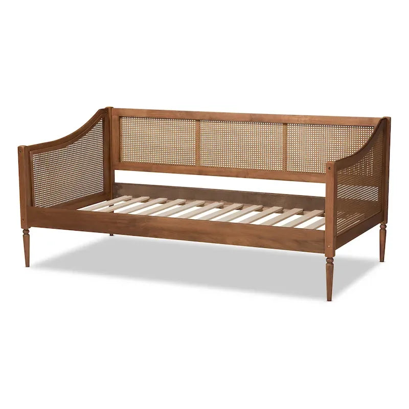 Lit de repos double en rotin synthétique – Noyer marron, style Mid-Century, simple