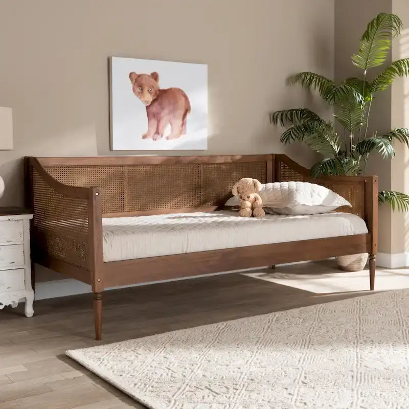 Lit de repos double en rotin synthétique – Noyer marron, style Mid-Century, simple