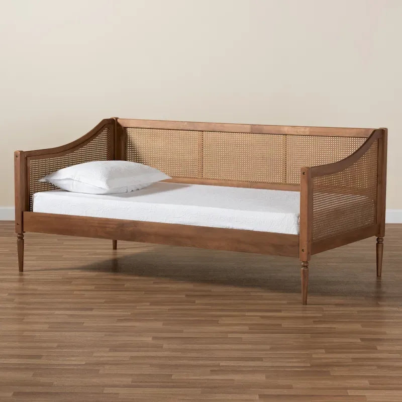 Lit de repos double en rotin synthétique – Noyer marron, style Mid-Century, simple