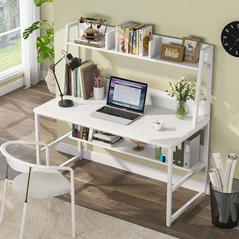Bureau d'ordinateur avec huche et étagère ouverte – Tout blanc / Noyer foncé / Blanc+Or / Noyer clair / Tout noir, Style moderne, Simple