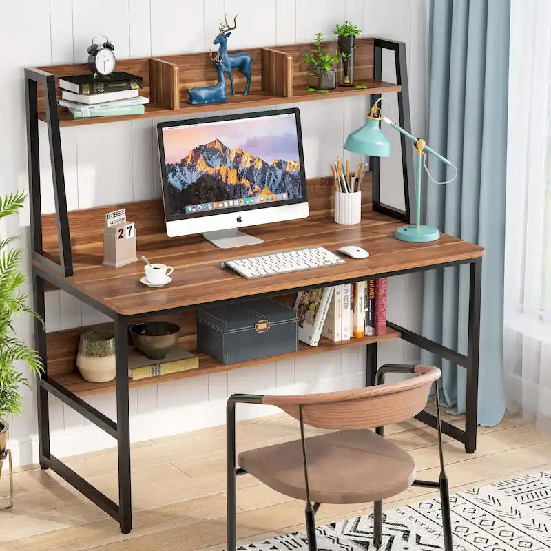Bureau d'ordinateur avec huche et étagère ouverte – Tout blanc / Noyer foncé / Blanc+Or / Noyer clair / Tout noir, Style moderne, Simple