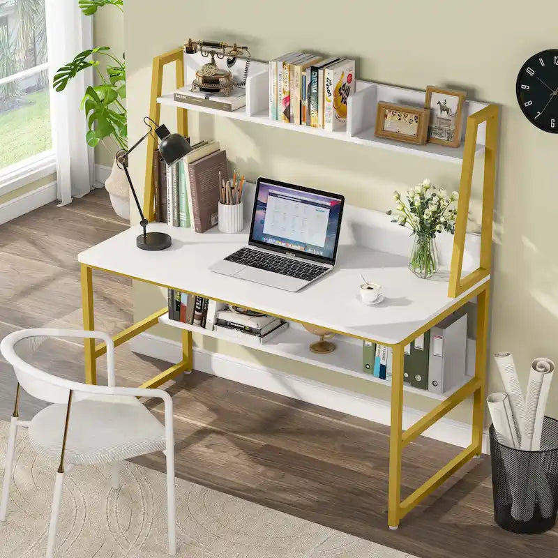 Bureau d'ordinateur avec huche et étagère ouverte – Tout blanc / Noyer foncé / Blanc+Or / Noyer clair / Tout noir, Style moderne, Simple