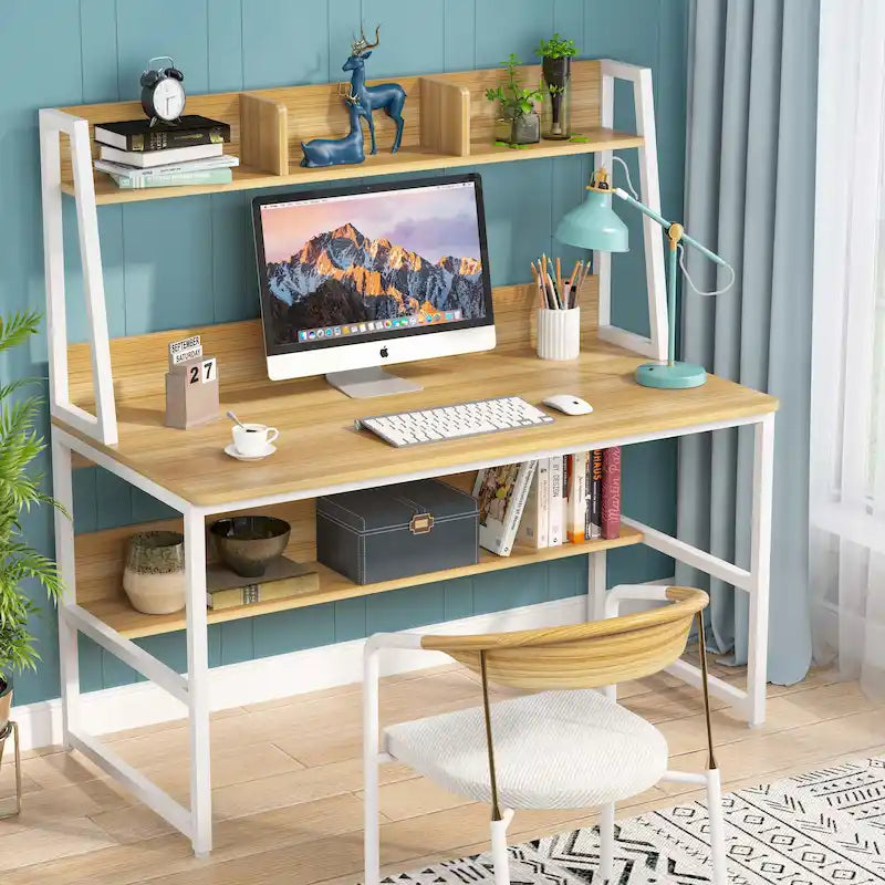Bureau d'ordinateur avec huche et étagère ouverte – Tout blanc / Noyer foncé / Blanc+Or / Noyer clair / Tout noir, Style moderne, Simple