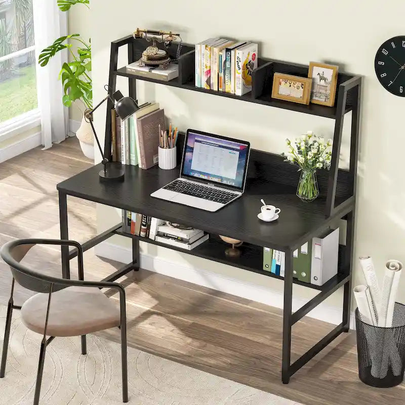 Bureau d'ordinateur avec huche et étagère ouverte – Tout blanc / Noyer foncé / Blanc+Or / Noyer clair / Tout noir, Style moderne, Simple