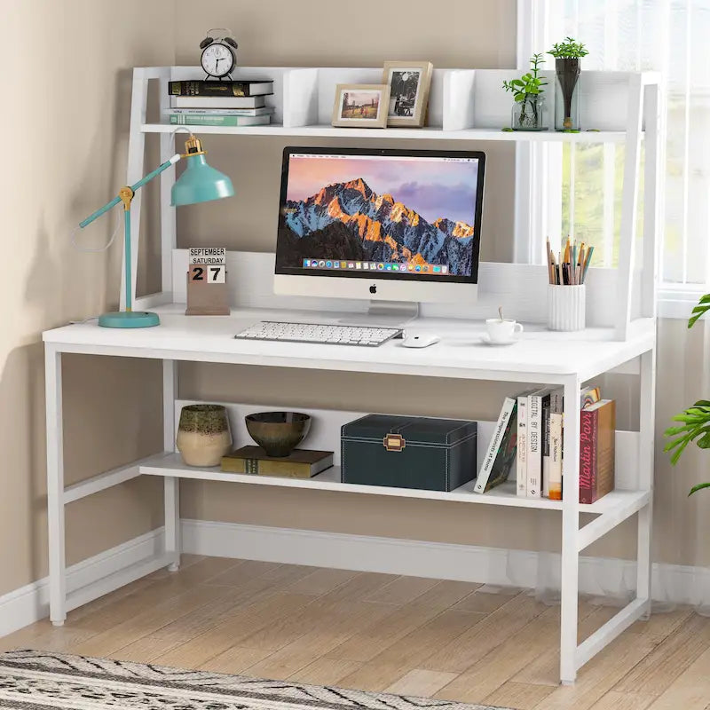 Bureau d'ordinateur avec huche et étagère ouverte – Tout blanc / Noyer foncé / Blanc+Or / Noyer clair / Tout noir, Style moderne, Simple