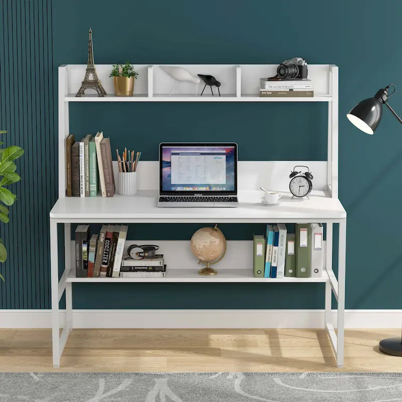Bureau d'ordinateur avec huche et étagère ouverte – Tout blanc / Noyer foncé / Blanc+Or / Noyer clair / Tout noir, Style moderne, Simple