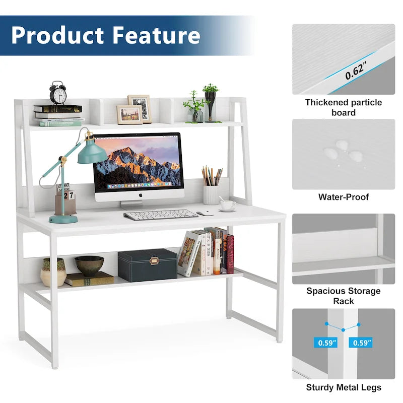 Bureau d'ordinateur avec huche et étagère ouverte – Tout blanc / Noyer foncé / Blanc+Or / Noyer clair / Tout noir, Style moderne, Simple