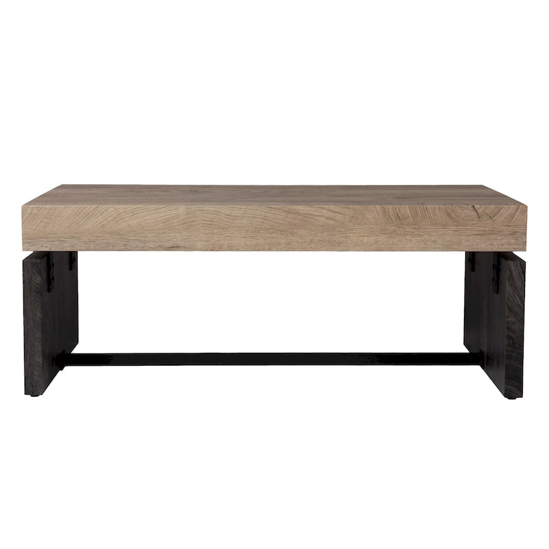 Table basse rectangulaire bicolore avec plateau en placage de bois et base noire – Naturel/Noir, style ferme moderne, simple