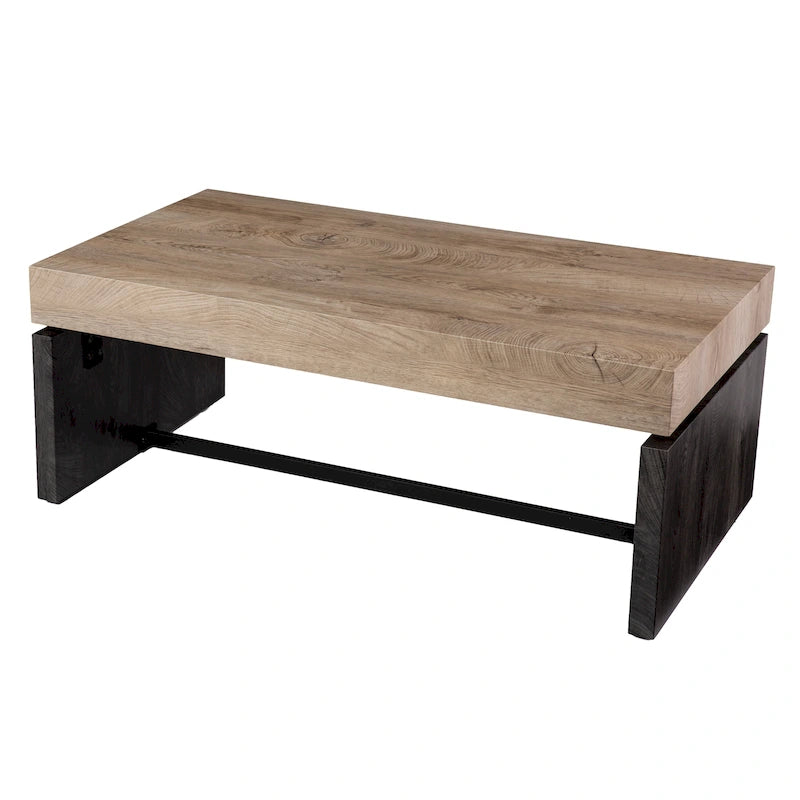 Table basse rectangulaire bicolore avec plateau en placage de bois et base noire – Naturel/Noir, style ferme moderne, simple