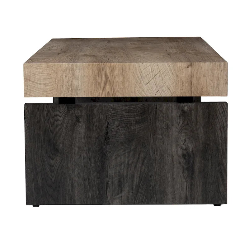 Table basse rectangulaire bicolore avec plateau en placage de bois et base noire – Naturel/Noir, style ferme moderne, simple