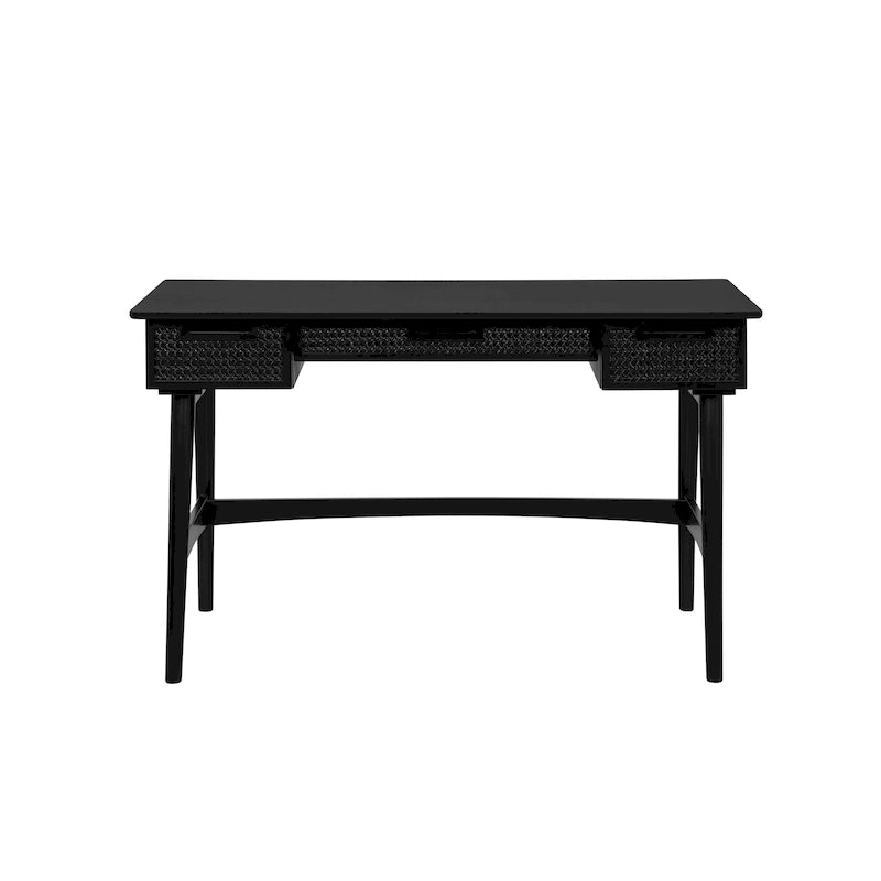 Bureau Mid-Century avec Tiroir en Rotin Tressé et Cadre en Bois d'Hévéa – Naturel / Noir, Style Mid-Century, Simple