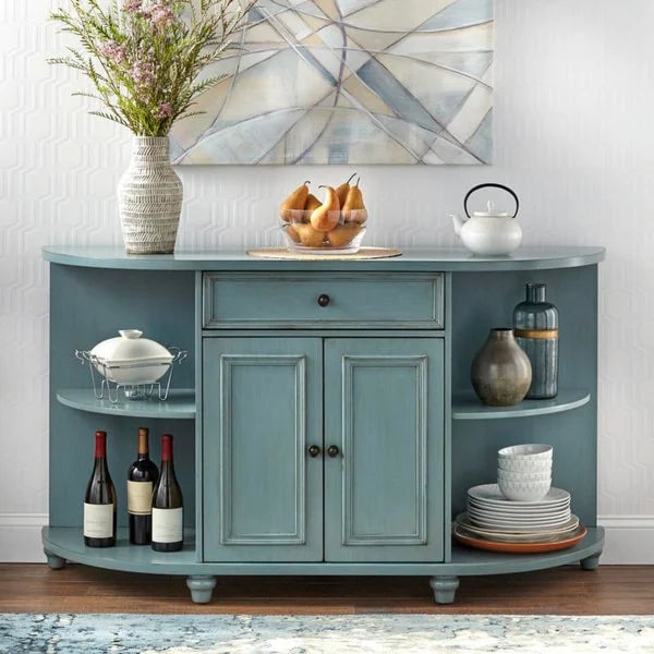 Buffet de ferme avec façade incurvée – Blanc antique / Bleu antique / Gris anthracite, Style ferme, Individuel