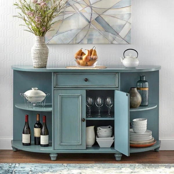 Buffet de ferme avec façade incurvée – Blanc antique / Bleu antique / Gris anthracite, Style ferme, Individuel