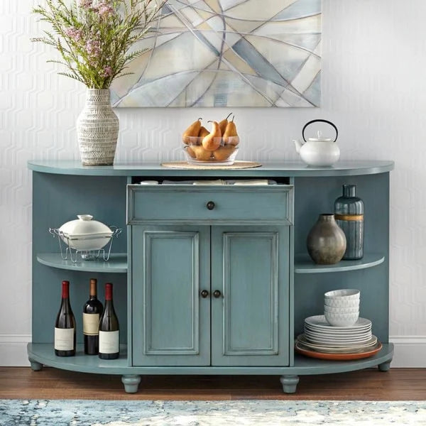 Buffet de ferme avec façade incurvée – Blanc antique / Bleu antique / Gris anthracite, Style ferme, Individuel