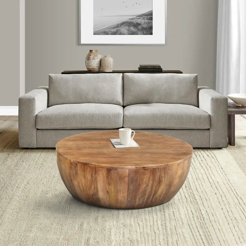 Arthur Drum Shape Wooden Coffee Table with Plank Design Base, Distressed Brown